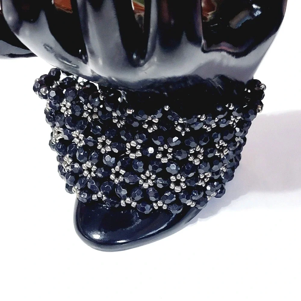 Vintage‎ Beaded Black Bracelet Stretchy, Wide Boho Floral Design Lucite sbr-11
